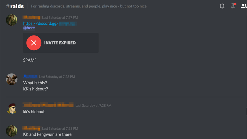 Image: /pol/ Discord raids room. Server invites can be made to “expire.” Some raids are against specific people, in this case a former admin.